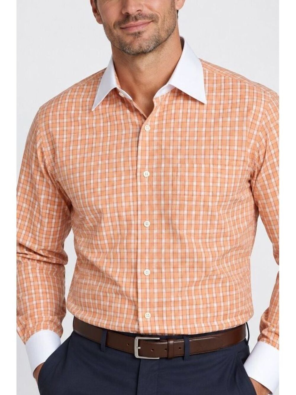 Paul Fredrick Men's 16.5/32 Mango Plaid Dress Shirt 100% Cotton French Cuff